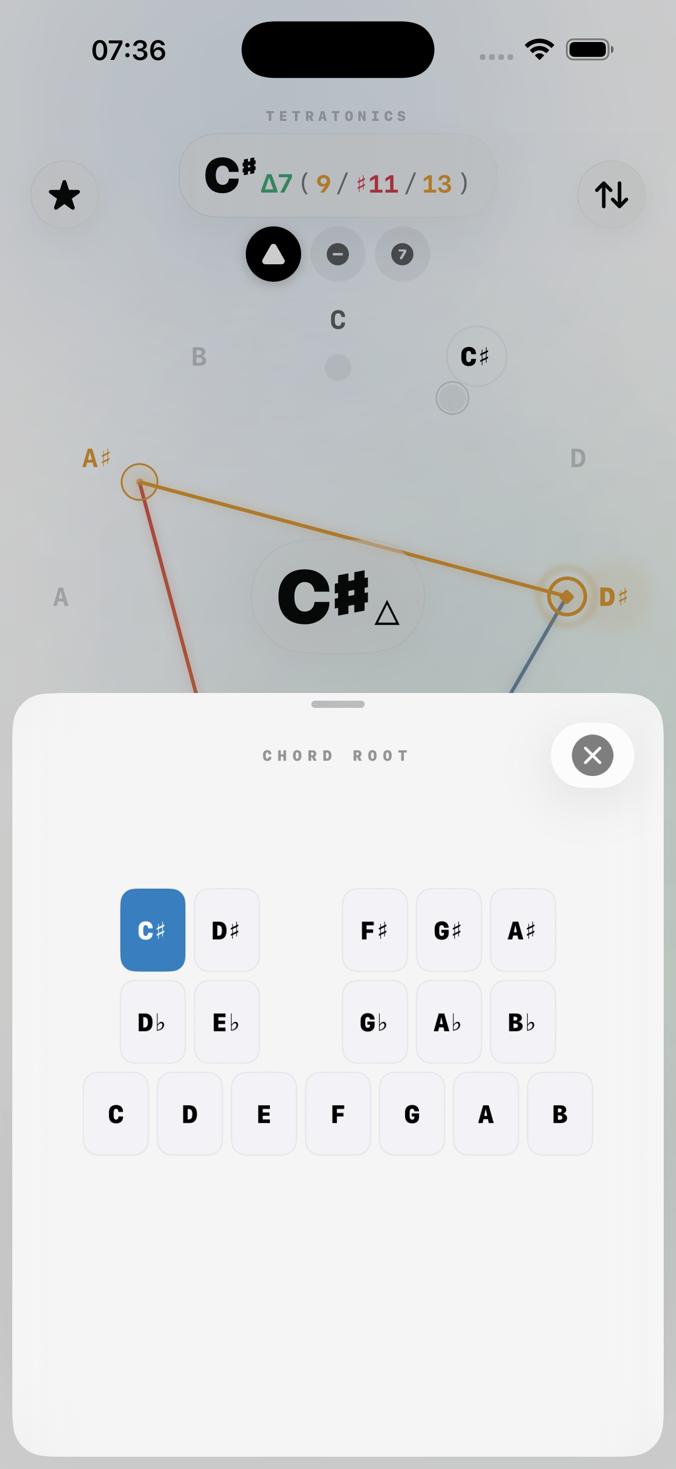 Tetratonics chord root selection — piano keyboard style grid